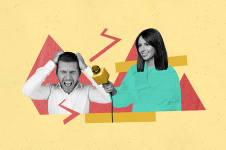 Creative collage young woman journalist interview annoyed irritated man mass media pressure pain ache suffer migraine drawing backgroundの写真素材