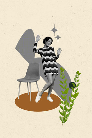 Vertical photo collage of happy girl dance weekend party indoor chair leaves plant club entertainment isolated on painted backgroundの写真素材