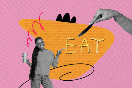 Composite photo collage of happy american girl point french fries dinner fast food coke cup knife hand isolated on painted backgroundの写真素材