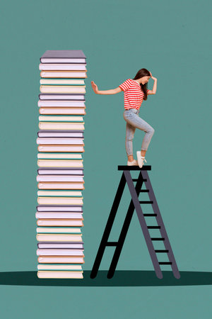 Creative poster collage of dancing smart young female high ladder books reading student celebrate...