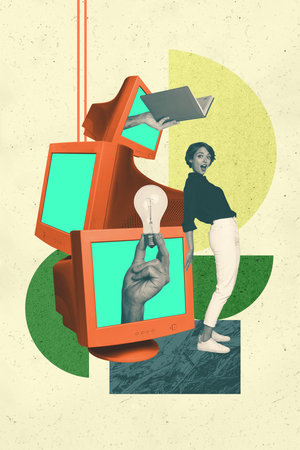 Composite trend artwork sketch image photo collage of cyberspace obsolete computer monitor display young lady stand book idea lampの写真素材