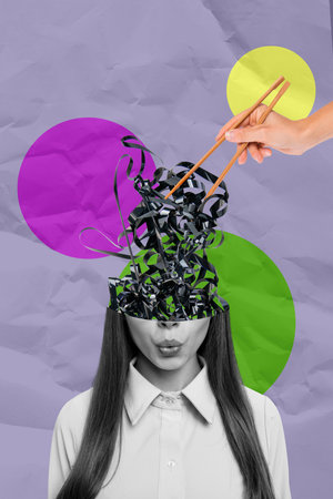 Trend artwork sketch image photo collage of portrait caricature half face young lady hand hold asian sticks eat food tape cassette musicの写真素材