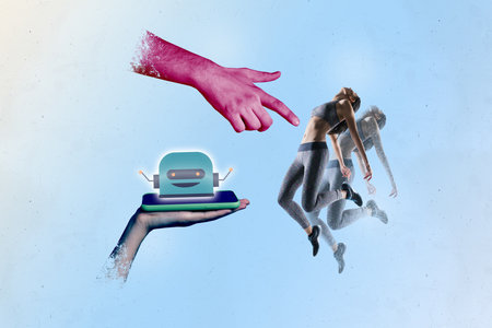 Composite trend artwork 3D sketch image collage of ai application artificial assistant bot data robot head hand hold smartphone lady jumpの写真素材