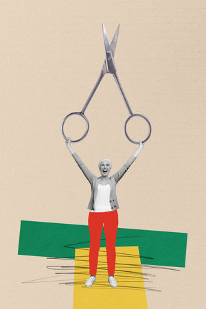 Composite trend artwork 3D sketch image photo collage of miniature granny aged woman stand hands up hold huge scissors manicure metalの写真素材