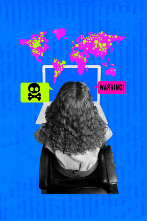 Composite trend artwork 3D sketch image photo collage of young lady laptop hacker espionage virus...