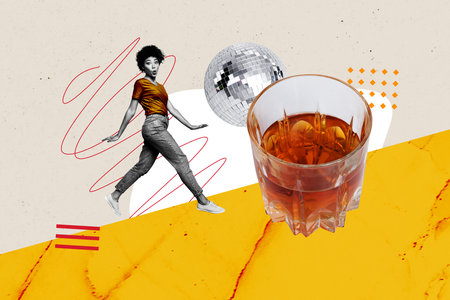 Composite photo collage of happy american girl walk cognac glass alcohol beverage gin weekend disco...