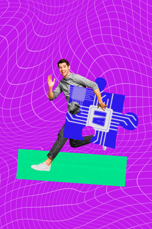 Composite image montage trend artwork 3D collage of young guy student run arm hold piece puzzle electronic steal data microchip technologyの写真素材