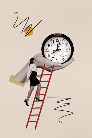 Composite collage image of young female climbing career ladder clock time business working office surrealism template metaphorの写真素材
