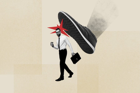 Creative photo collage young handsome businessman walk cup coffee drink step giant footwear shoe discrimination drawing backgroundの写真素材