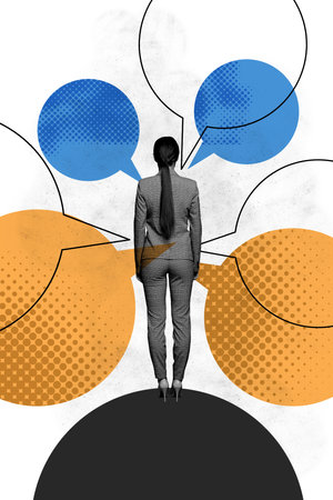 Vertical photo collage of anonym girl stand back bubble communication speech talk text box phrases isolated on painted backgroundの写真素材