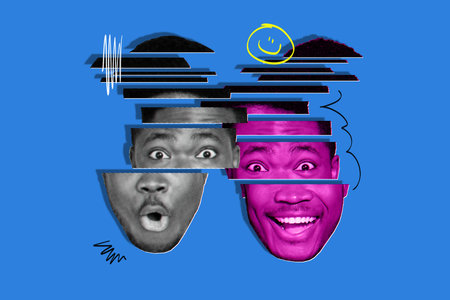 Banner poster collage of two male faces with different emotion isolated on drawing blue color...