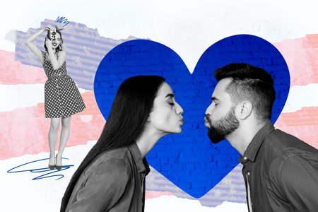 Composite photo collage of two happy girl guy kiss together lovers woman photographer take picture camera isolated on painted backgroundの写真素材