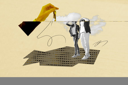 Composite trend artwork sketch image photo collage of young man lady research travel outdoors moving rent house cloud hand hold keyの写真素材