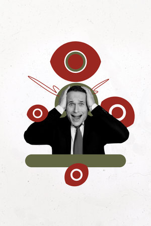 Vertical photo collage of panic man hold head eyeball supervision spy observer watch eyes control...