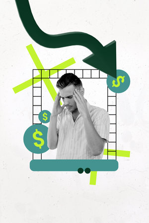 Vertical photo collage of upset businessman hold head dollar arrow decline problem regress inflation isolated on painted backgroundの写真素材