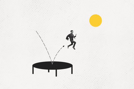 Banner image collage of successful purposeful man jumping trampoline achieving goal progress dream isolated on white backgroundの写真素材