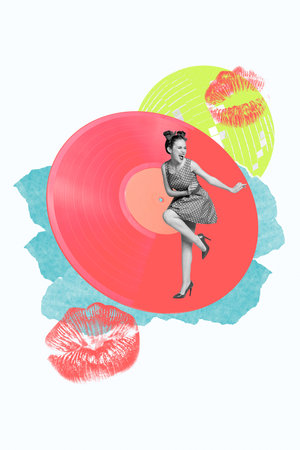 Vertical photo collage of happy pinup girl dance retro event disco ball vinyl disk mouth kiss print valentine isolated on painted backgroundの写真素材