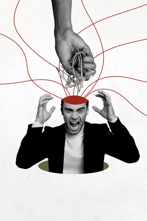 Vertical photo cartoon sketch collage picture of unhappy upset worker having psychology problems...