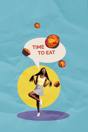 Composite trend artwork sketch image 3D photo collage of miniature young lady stand speech cloud time to eat hungry cupcake sweet tastyの写真素材