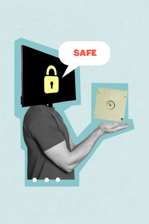 Vertical photo collage of anonym man instead head monitor screen hold memory data disk lock password access isolated on painted backgroundの写真素材