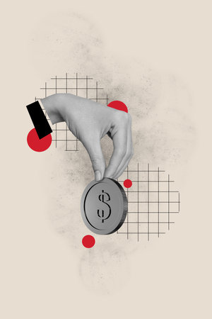 Vertical photo collage of human hand want take coin usd capital income success trader earnings...