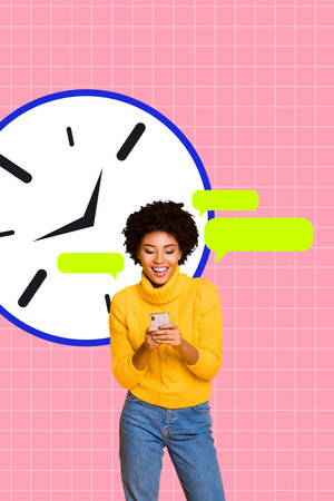 Vertical poster collage young girl typing message app communication internet social media forum time...