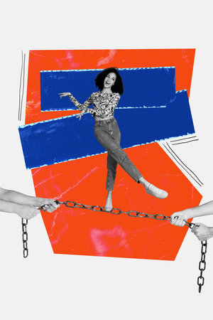 Vertical photo collage of happy girl dance metal chain protection freedom business project battle trap isolated on painted backgroundの写真素材