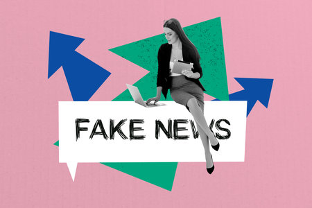 Composite trend artwork sketch image photo collage of speech cloud fake news misleading propaganda worker man uniform headless laptopの写真素材