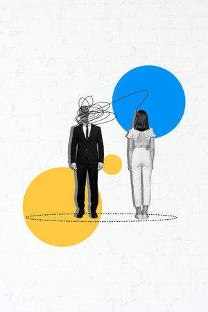 Vertical photo collage of two anonym business partners invisible head man back stand girl shadow brainstorm isolated on painted backgroundの写真素材