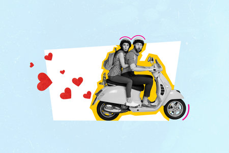 Composite photo collage of astonished girl guy ride vespa moped romantic adventure heart anniversary isolated on painted backgroundの写真素材
