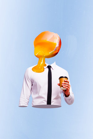 Composite trend artwork sketch image collage of caricature portrait young man formalwear hand hold coffee cup drink rest headless egg yolkの写真素材