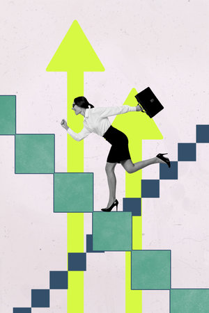 Vertical photo collage of happy businesswoman run promotion ladder arrow development chance career isolated on painted backgroundの写真素材