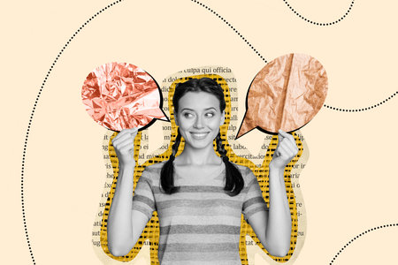 Composite trend artwork sketch image photo collage of speech cloud message social media chatting young lady hand hold textbox epty spaceの写真素材