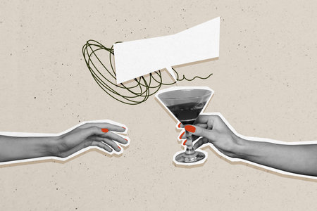 Composite trend artwork sketch image collage of silhouette human hand appear hold cocktail glass speech cloud chatting conversation rumorsの写真素材