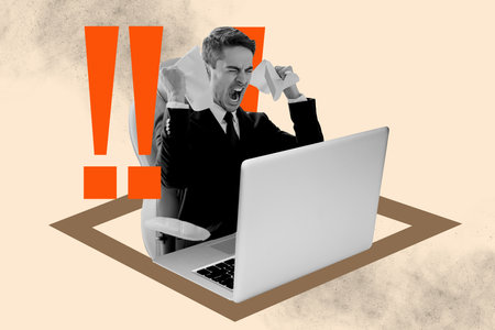 Composite trend artwork 3D sketch photo collage of fired angry office manager business young guy burnout scream face work laptop remoteの写真素材