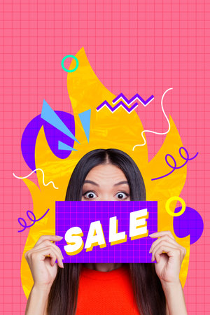 Composite trend artwork sketch image photo collage of pink page young lady cover face watch hand hold banner discount sale black fridayの写真素材