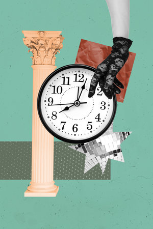 Vertical photo collage of hand hold show disco ball star piece alarm clock limit archaeology column museum isolated on painted backgroundの写真素材