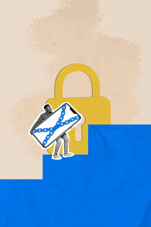 Composite trend artwork 3D sketch image photo collage of miniature silhouette young guy hold crossed display phone spy security data lockの写真素材