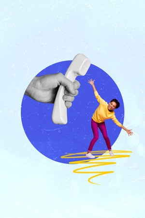 Vertical photo collage of happy american girl dance hand hold telephone handset manager communication isolated on painted backgroundの写真素材