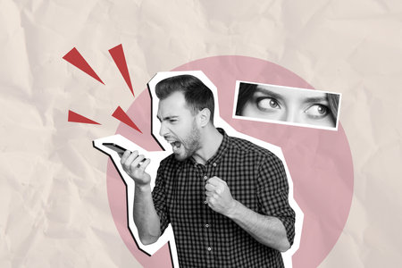 Composite trend artwork image photo collage of young man business bossy hold phone call scream furry bad mood fired lady eyes watchの写真素材