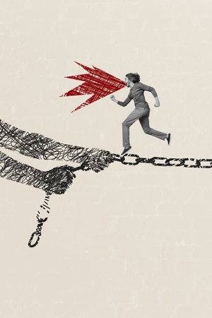 Vertical photo collage of angry man run hands pull chain drawing bullying problem trap harassment isolated on painted backgroundの写真素材