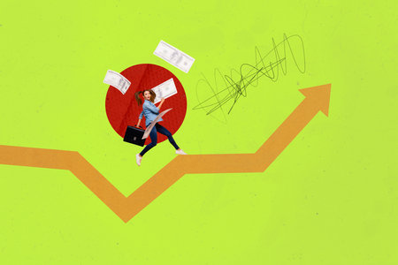 Composite photo collage of astonished woman business development arrow banknotes income success salary isolated on painted backgroundの写真素材