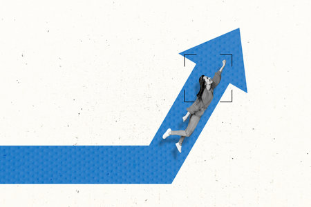 Banner poster collage of crazy successful girl flying fast to her professional dreams isolated on drawing white backgroundの写真素材