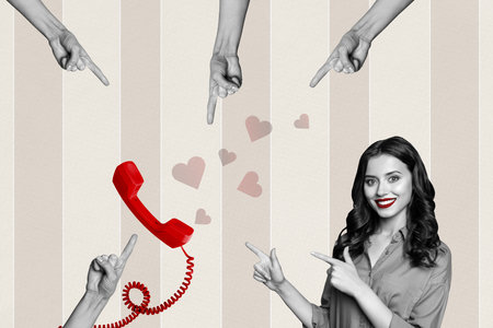 Composite photo collage of happy girl point telephone handset heart affection telecommunication hands show isolated on painted backgroundの写真素材