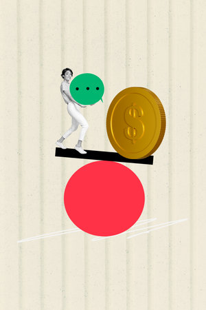 Vertical photo collage of puzzled girl carry bubble speech figure ball balance coin income poor...