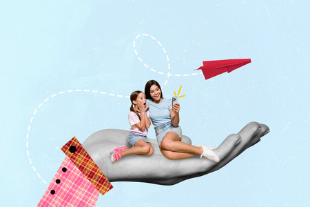 Composite photo collage of two happy girls mother daughter sit human palm take selfie phone paper plane isolated on painted backgroundの写真素材
