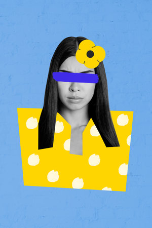 Vertical photo collage of angry girl blind eyes wear flower accessory haircare procedure fail brunette art isolated on painted backgroundの写真素材