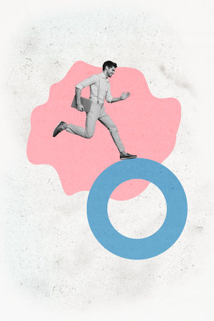 Composite trend artwork 3D sketch image photo collage of young guy run miniature circle route way...