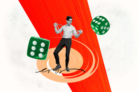 Composite trend artwork sketch image photo collage of casino gambling betting play young man businessman dance handsome roulette successの写真素材