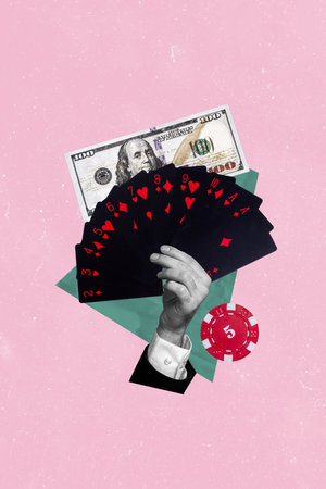 Composite artwork collage of casino board playing card betting gambling miniature young man...